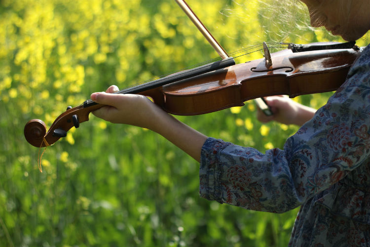 Mädchen spielt Violine in der Natur