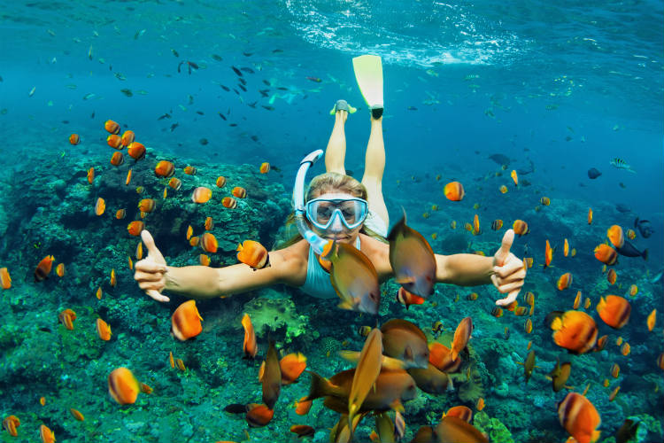 Frau taucht mit goldenen Fischen